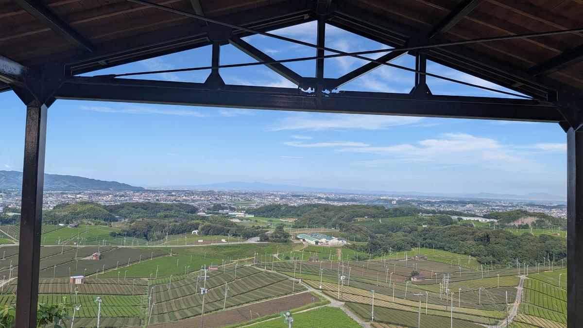 A panoramic summer view across tea fields and the Yame landscape beneath a blue sky.