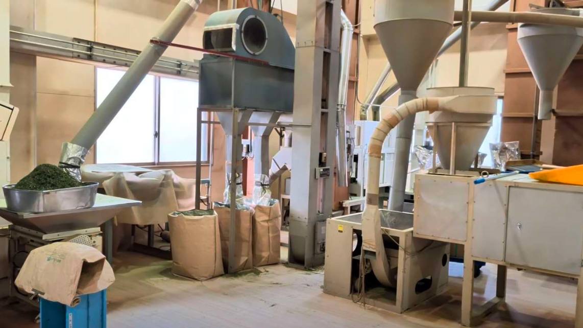 Tencha finishing equipment and bags of processed tea inside a Yame tea factory.